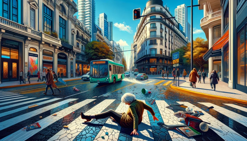 Imagen de una persona tropezando en una vereda defectuosa en un entorno urbano, con peatones preocupados al fondo. La escena destaca las condiciones peligrosas del pavimento y la necesidad de atención legal en casos de accidentes por caídas públicas. La fotografía subraya la importancia de la seguridad en las aceras y la responsabilidad civil en entornos urbanos
